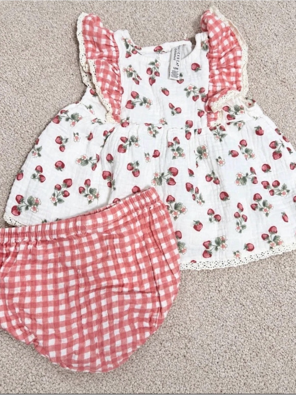 Chickpea Organics Baby Girl Strawberry Gingham Outfit Set with Bloomers 12M